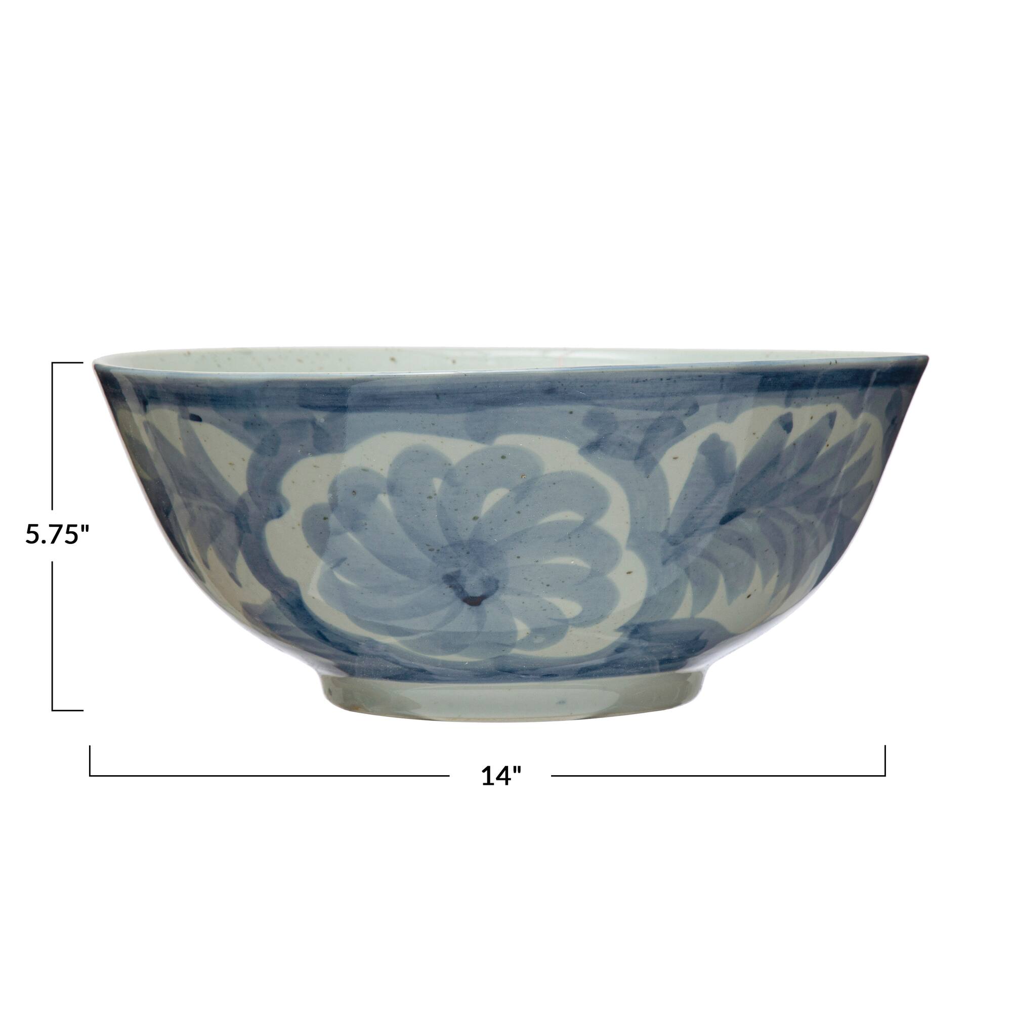 Hello Honey® 14" Blue & White Hand Painted Stoneware Bowl with Floral Design